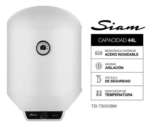 Termotanque Eléctrico Siam 50 Lts Conexión De Agua Inferior Temperatura Ajustable Blanco