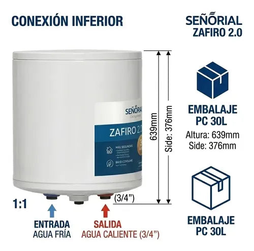 Termotanque Eléctrico Señorial Zafiro 2.0 30lts Conexión Inferior Blanco