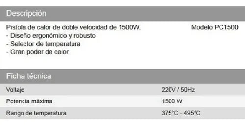 Pistola De Calor Daihatsu Pc1500 1500w 375oc 495oc Rojo