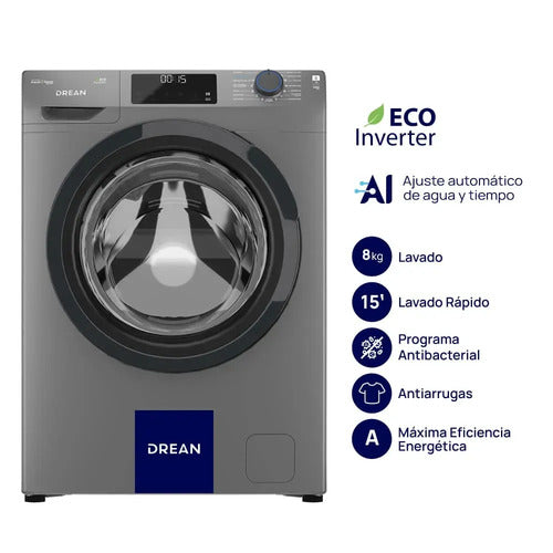 Lavarropas Inverter Con Ia 8 Kg 1400 Rpm Drean Lcfdr0814sg1 Gris