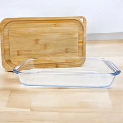 Fuente Asadera Vidrio Templado Tabla Bambú 29 Cm Carol Marrón Claro
