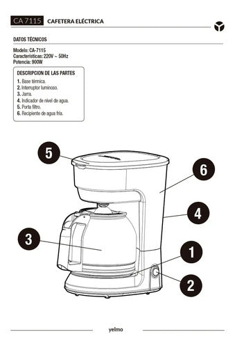Cafetera Eléctrica Yelmo Ca7115 Filtro Permanente Antigoteo Base Termica