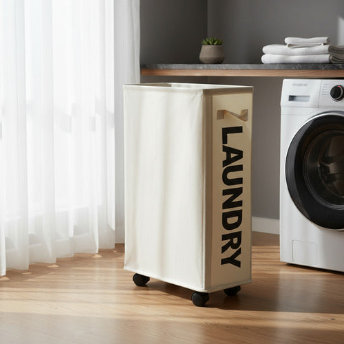 Cesto De Ropa Sucia Compacto Con Ruedas Rectángular Plegable Beige Lisa