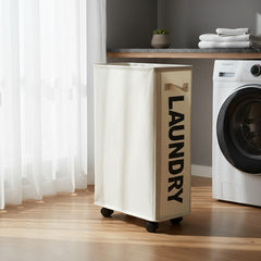 Cesto De Ropa Sucia Compacto Con Ruedas Rectángular Plegable Beige Lisa