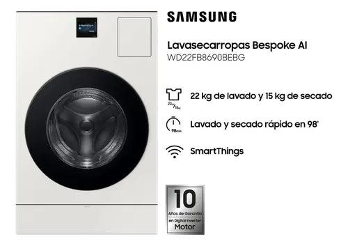 Lavasecarropas Samsung Wd22fb8690be Bespoke Ia 22kg Blanco