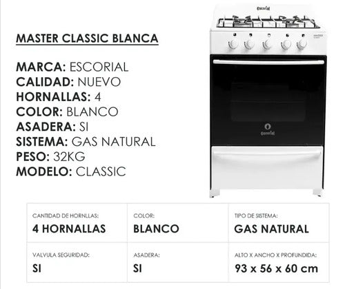 Cocina Escorial Master Classic A Gas Natural 4 Hornallas Blanca Puerta Con Visor Blanco