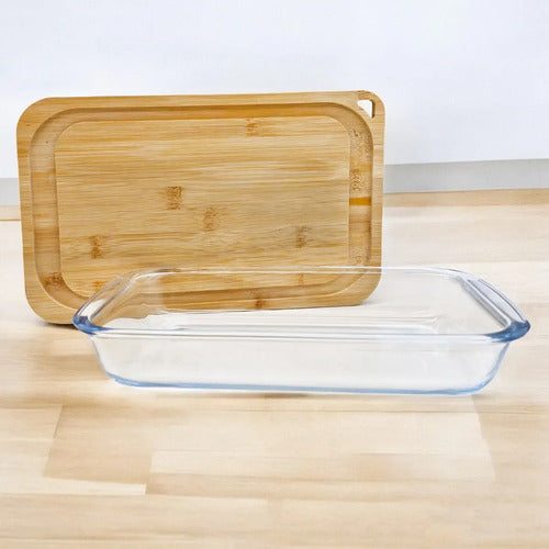Fuente Asadera Vidrio Templado Tabla Bambú 34cm Carol Marrón Claro