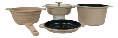 Set De Bateria Carol 6 En 1 Cacerola Bifera Colador Beige