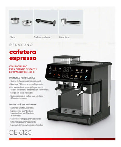 Cafetera Eléctrica Ultracomb Ce-6120 Espresso Con Molinillo 20 Bares