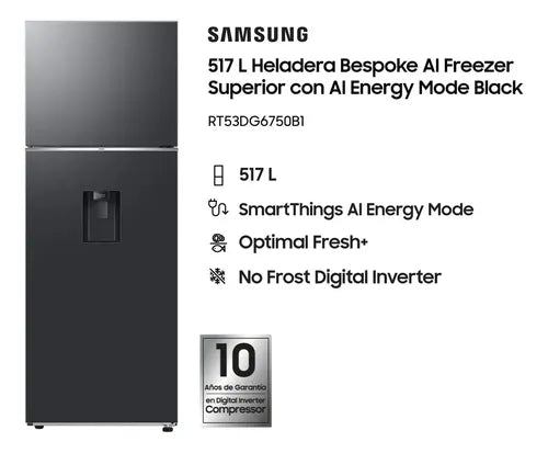 Heladera Samsung Ai Smartthings Dispenser Agua 517 L Black