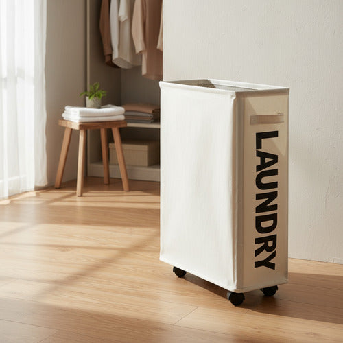Cesto De Ropa Sucia Compacto Con Ruedas Rectángular Plegable Beige Lisa