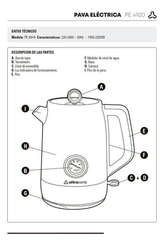 Pava Electrica Ultracomb Pe-4920 Termometro Analogico 1.7l P Color Cobre