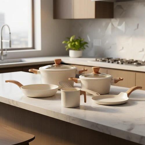 Bateria Cocina 8 Pzs Carol Granito Inducción Antiadherente Beige