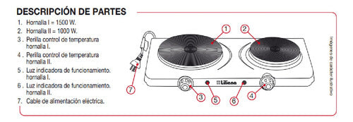 Anafe Eléctrico Doble Liliana Aa904 5 Niveles 1000/1500w Negro