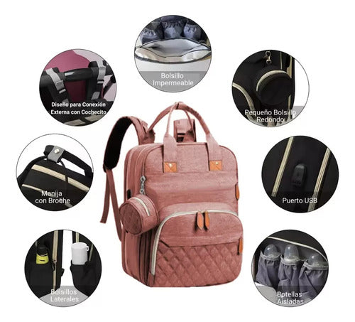 Mochila Multifunción Maternal Cambiador Cuna Bebe Rosa Cts Rosa Liso