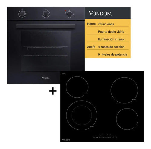 Combo Cocción Eco Vondom Horno Empotrable + Anafe Vitro 60cm Negro
