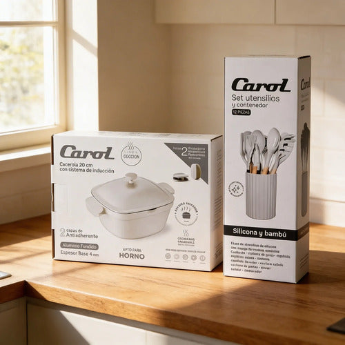 Set Carol Cacerola Antiadherente 20cm Y 12 Utensillos Tiza Blanco