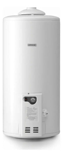 Termotanque De Colgar A Gas Longvie Convencional T3075cf De 75 Litros Alta Eficiencia Y Potencia Ideal Para Hogares Diseño Compacto Con Encendido Piezoeléctrico Y Válvula De Seguridad Color Blanco