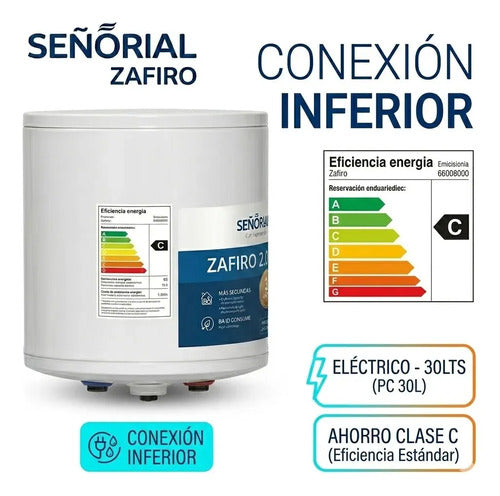 Termotanque Eléctrico Señorial Zafiro 2.0 30lts Conexión Inferior Blanco