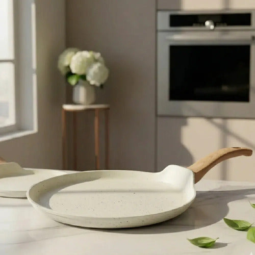 Set 7 Piezas Carol Cacerola Panquequera Wok Bifera Cubiertos Crema