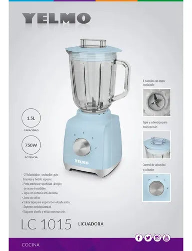 Licuadora De Mesa Yelmo Lc-1015 Jarra Vidrio 750w 1.5 Litros Celeste Cuchillas Inoxidable 2 Velocidades