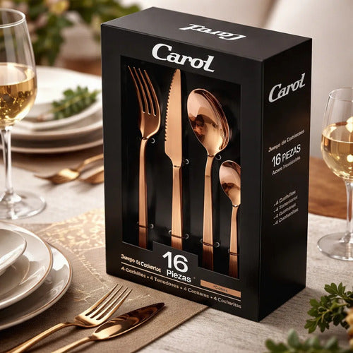 Juego De Cubiertos Carol Premium 16 Piezas Acero Inox Cobre Marrón