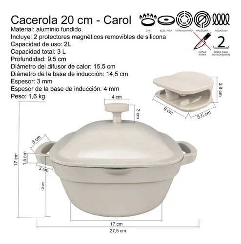 Cacerola Cuadrada Tapa 20cm Carol Aluminio Fundido Induccion Color Tiza 10020 Fti