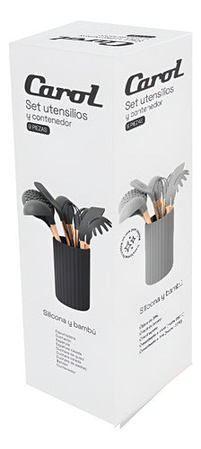 Set Kit 8 Utensillos Cocina Mango Bambu Punta Silicona Carol