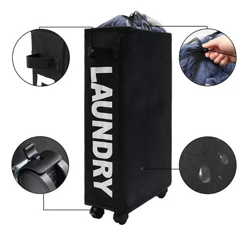 Cesto De Ropa Sucia Con Ruedas Plegable Compacto Rectángular Negro