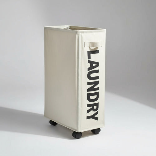 Cesto De Ropa Sucia Compacto Con Ruedas Rectángular Plegable Beige Lisa