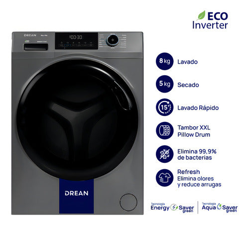 Lavasecarropas Ecoinverter 8 Kg Gris Drean Lscdr0805sg0
