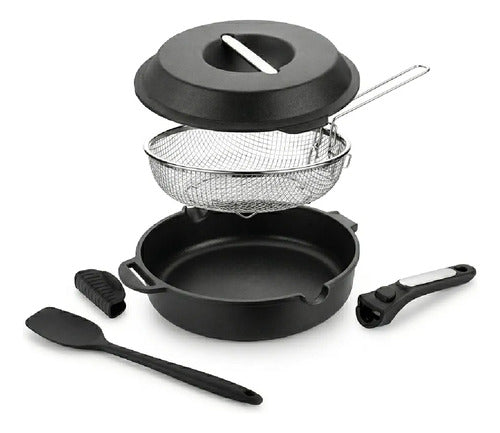 Set Carol Cacerola 28cm Sarten Freidor Alum Fundido 10 Usos Negro