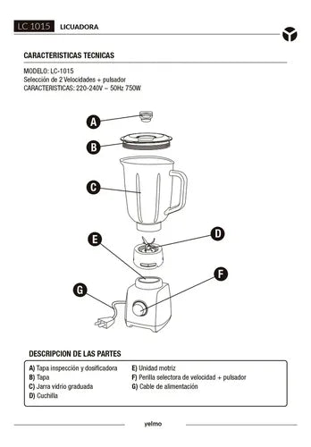 Licuadora De Mesa Yelmo Lc-1015 Jarra Vidrio 750w 1.5 Litros Celeste Cuchillas Inoxidable 2 Velocidades