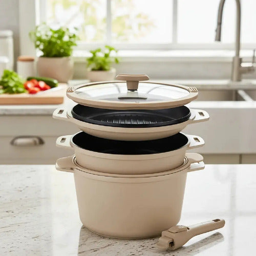 Set De Bateria Carol 6 En 1 Cacerola Bifera Colador Beige