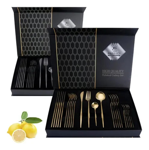 Set De Cubiertos Tm X 24 Piezas Acero Inox Dorado Negro Negro