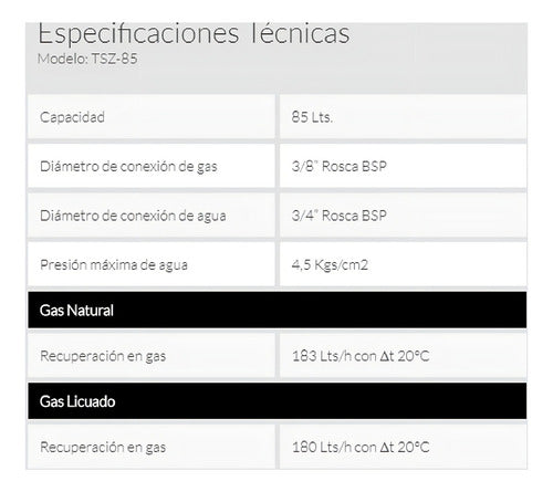 Termotanque Multigas Señorial Tszp1-85 Zafiro Color Blanco 85 Litros