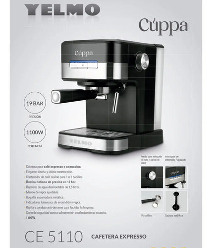 Cafetera Espresso Yelmo Ce-5110 De 1,5 Lts 1100w 19 Bar Negro