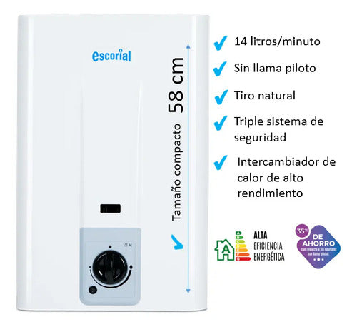 Calefon Escorial 14 Lts Tiro Natural Automático Sin Piloto! Color Blanco Tipo De Gas Gn