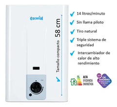 Calefon Escorial 14 Lts Tiro Natural Automático Sin Piloto! Color Blanco Tipo De Gas Gn