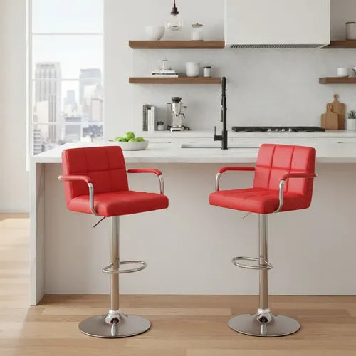 2 Banquetas Altas Taburete Tapizado Respaldo Apoya Abrazos R Cromado Rojo