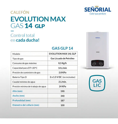 Calefón Gas Licuado Glp 14 L/min Señorial Evolution Max Blanco