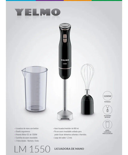 Licuadora De Mano Yelmo Lm-1550 Color Negro 1200w Acero Inoxidable Con Vaso