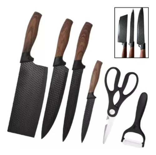 Juego De Cuchillos Tijera Rallador Tm 6 Piezas Taco Madera Negro