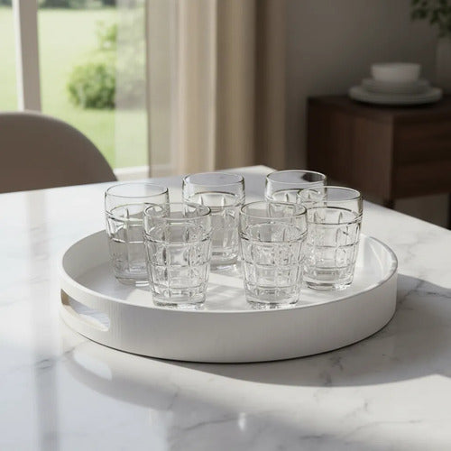 Vajilla Juego De 6 Vasos 350ml Vidrio Labrado Bandeja Carol Blanco Lisa