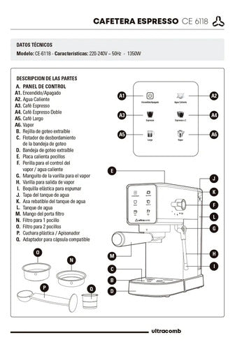 Cafetera Expresso Ultracomb Ce6118 Digital 20 Bares Pantalla Táctil Negra 1350w Compatible Capsulas Nespresso Negro