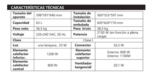 Horno Empotrable Eléctrico Florencia 7887 Negro Conveccion Negro