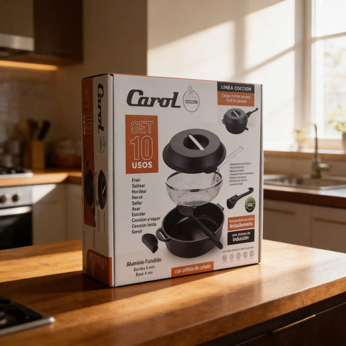 Set Carol Cacerola 28cm Sarten Freidor Alum Fundido 10 Usos Negro