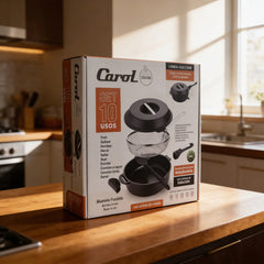 Set Carol Cacerola 28cm Sarten Freidor Alum Fundido 10 Usos Negro