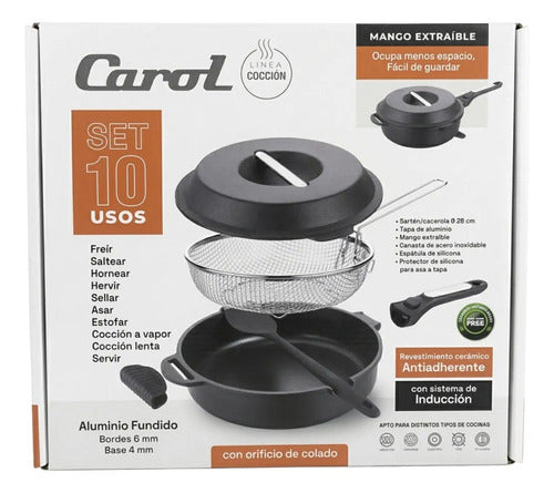 Set Carol Cacerola 28cm Sarten Freidor Alum Fundido 10 Usos Negro