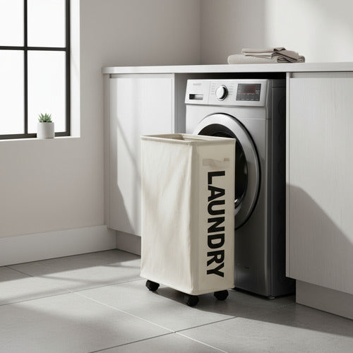 Cesto De Ropa Sucia Compacto Con Ruedas Rectángular Plegable Beige Lisa